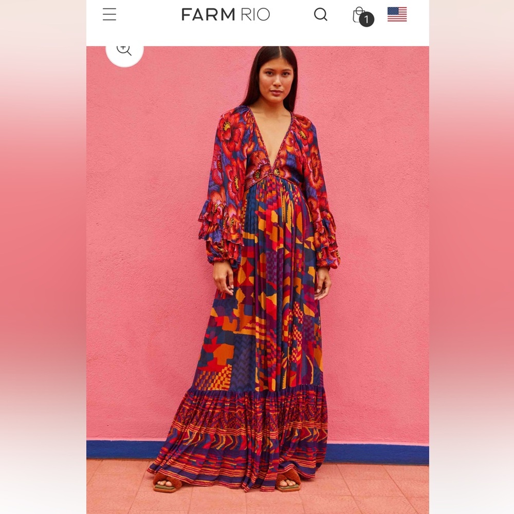 FARM Rio Blue Abstract Patches Maxi Dress